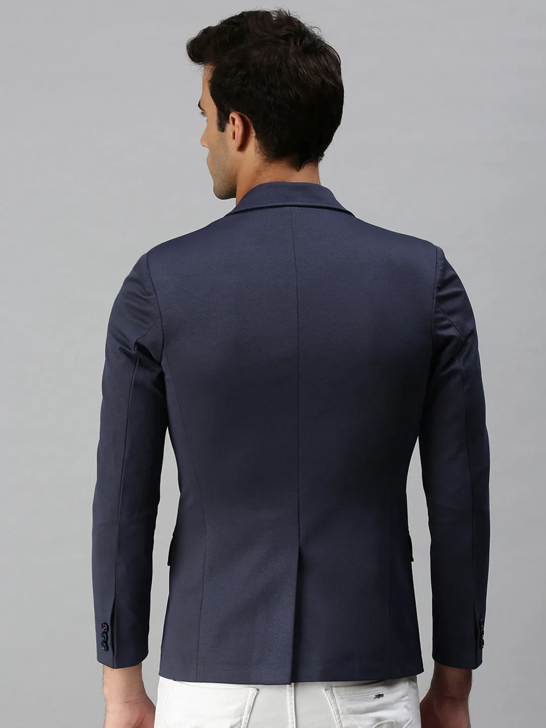 Men Navy Blue Solid Slim-Fit Single-Breasted Casual Blazers