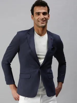 Men Navy Blue Solid Slim-Fit Single-Breasted Casual Blazers