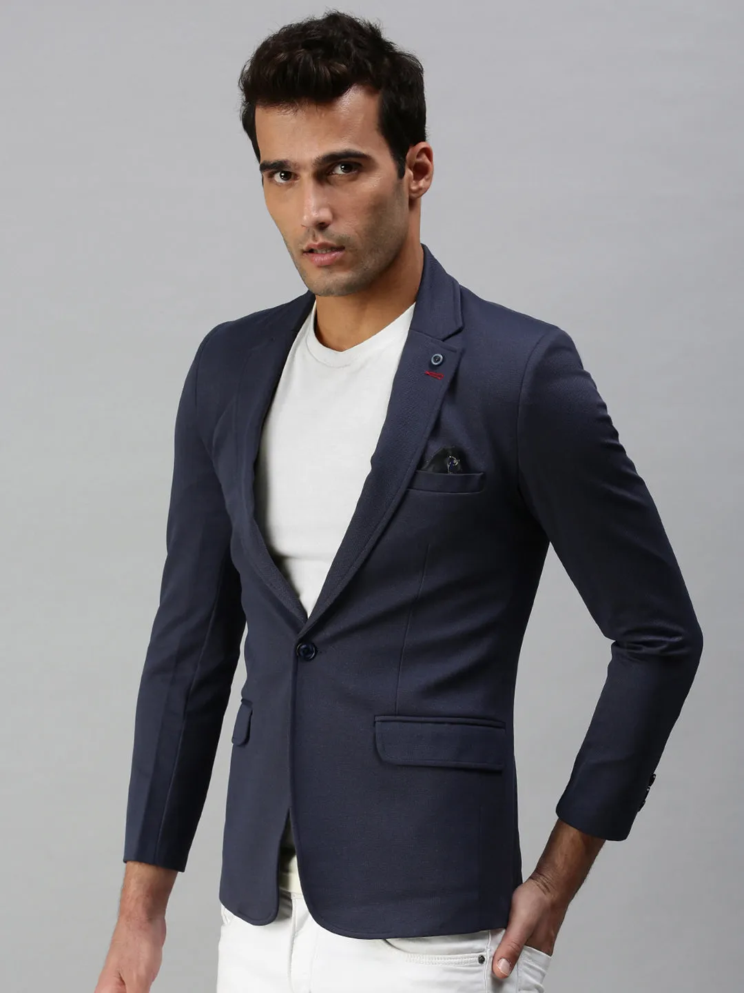 Men Navy Blue Solid Slim-Fit Single-Breasted Casual Blazers