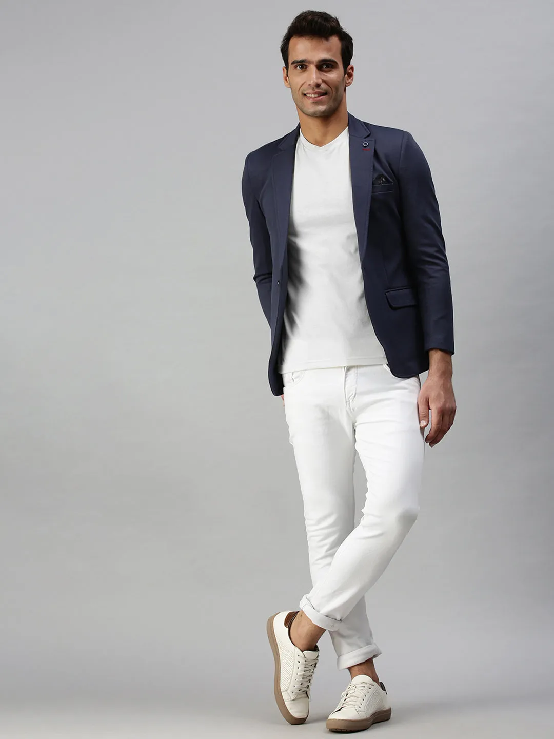 Men Navy Blue Solid Slim-Fit Single-Breasted Casual Blazers