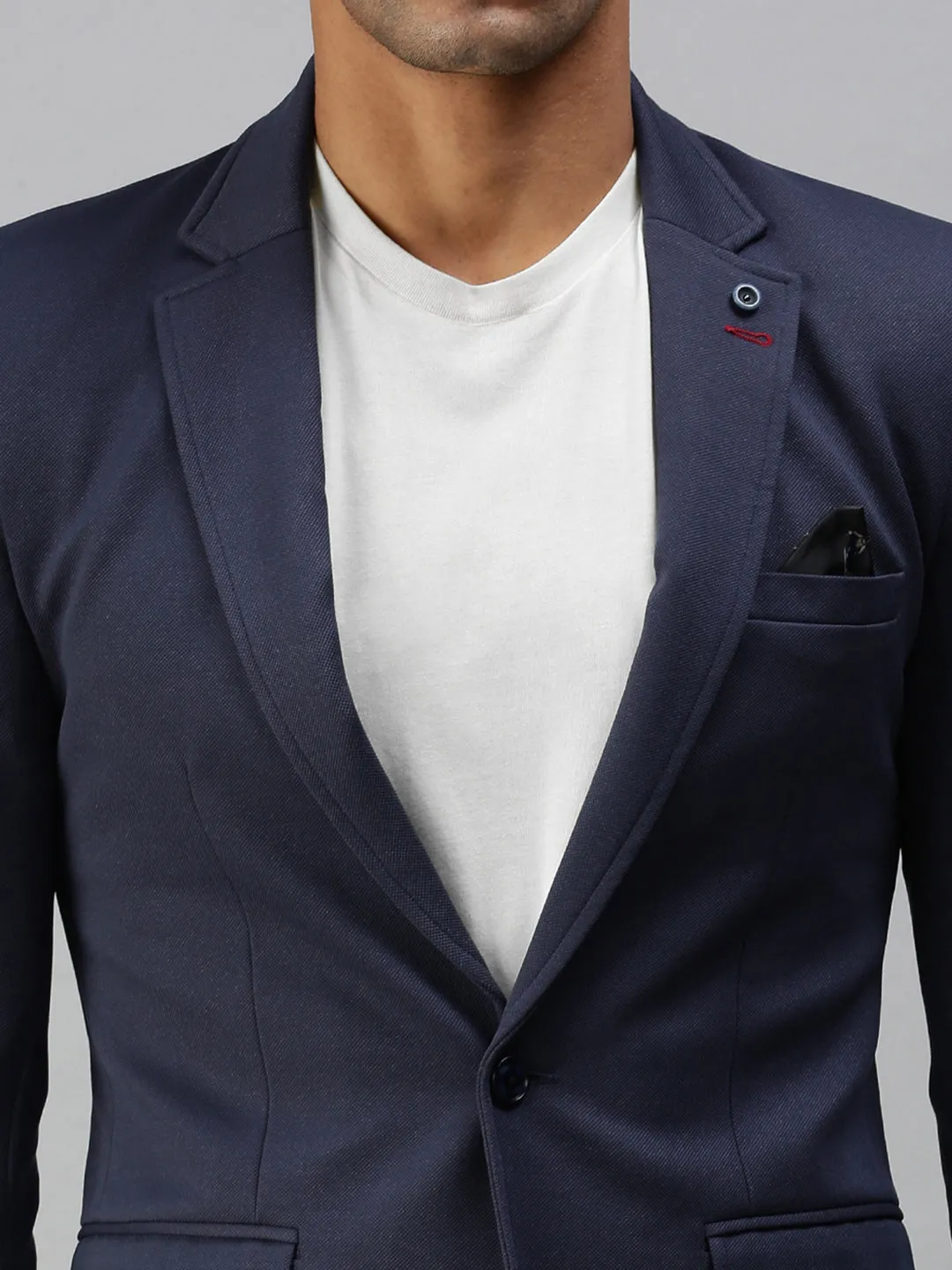 Men Navy Blue Solid Slim-Fit Single-Breasted Casual Blazers
