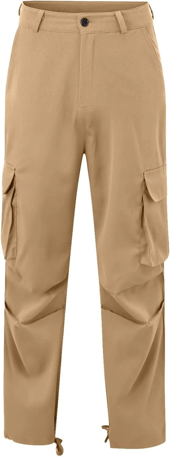 Mens Casual Cargo Pants Thin Lightweight Sweatpants Pleated Drawstring Pant Slim Fit Joggers Trousers Multi Pockets