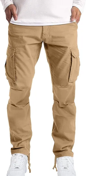 Mens Casual Cargo Pants Thin Lightweight Sweatpants Pleated Drawstring Pant Slim Fit Joggers Trousers Multi Pockets
