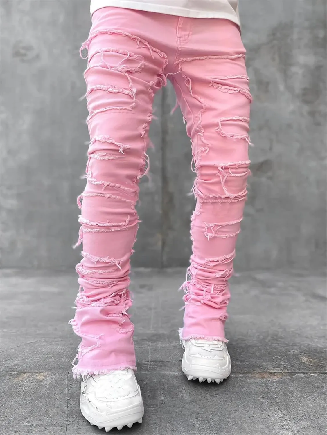 Mens Stacked Jeans Flared Regular Fit Low Stretch Jeans Vintage Denim Pants Straight Leg Jean Fashion Street Wear