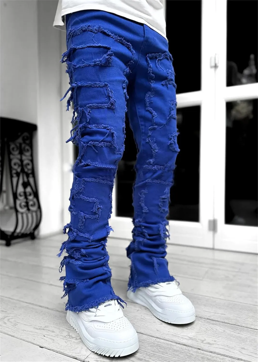Mens Stacked Jeans Flared Regular Fit Low Stretch Jeans Vintage Denim Pants Straight Leg Jean Fashion Street Wear