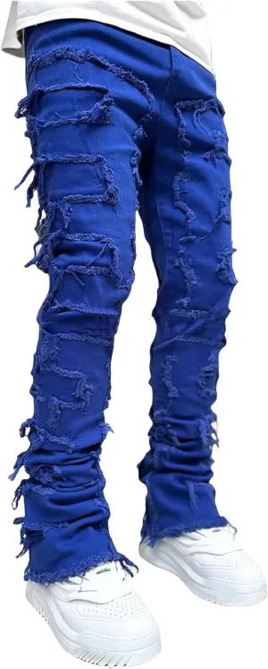 Mens Stacked Jeans Flared Regular Fit Low Stretch Jeans Vintage Denim Pants Straight Leg Jean Fashion Street Wear
