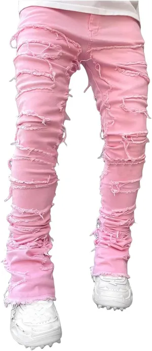 Mens Stacked Jeans Flared Regular Fit Low Stretch Jeans Vintage Denim Pants Straight Leg Jean Fashion Street Wear