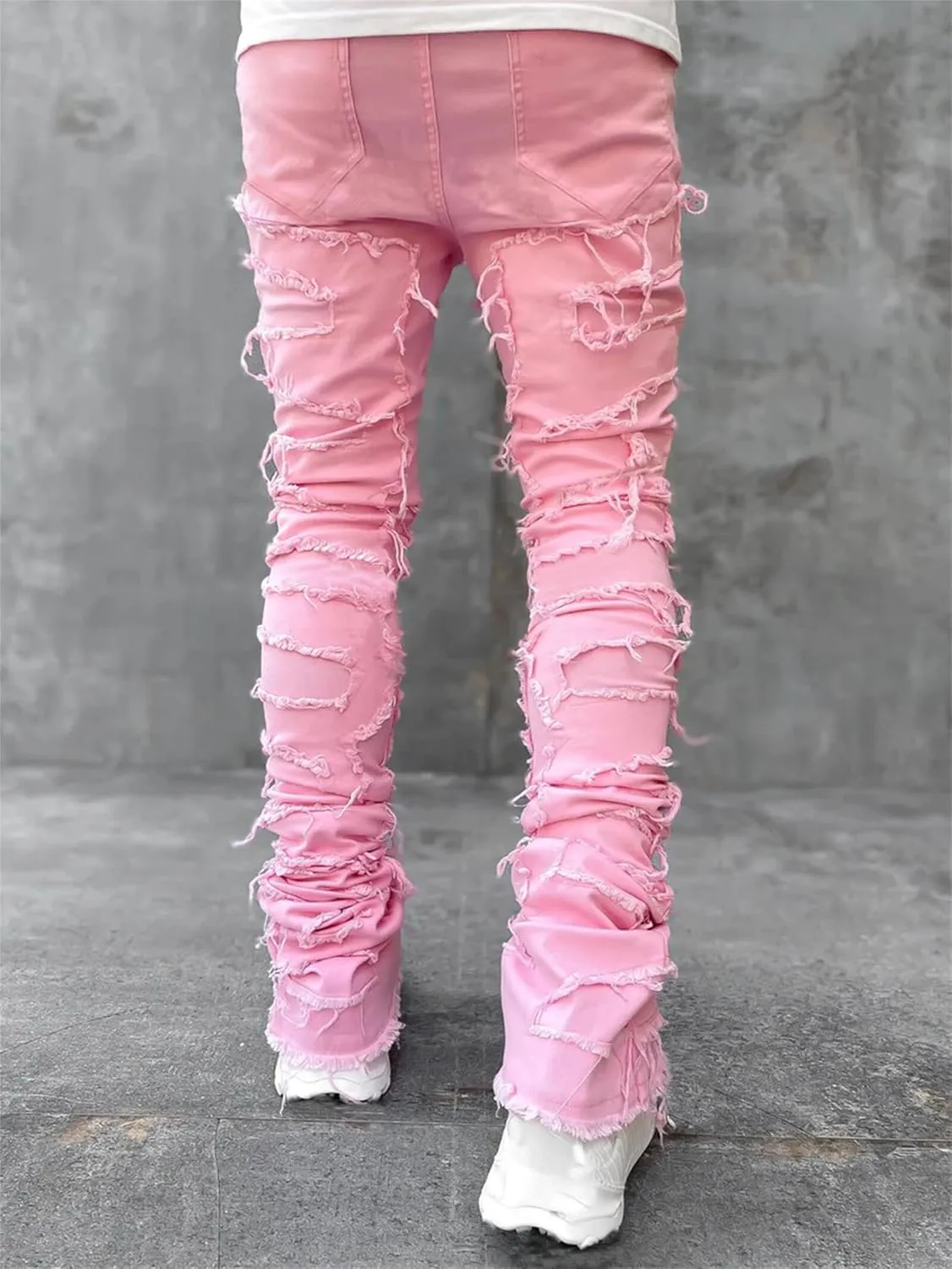 Mens Stacked Jeans Flared Regular Fit Low Stretch Jeans Vintage Denim Pants Straight Leg Jean Fashion Street Wear