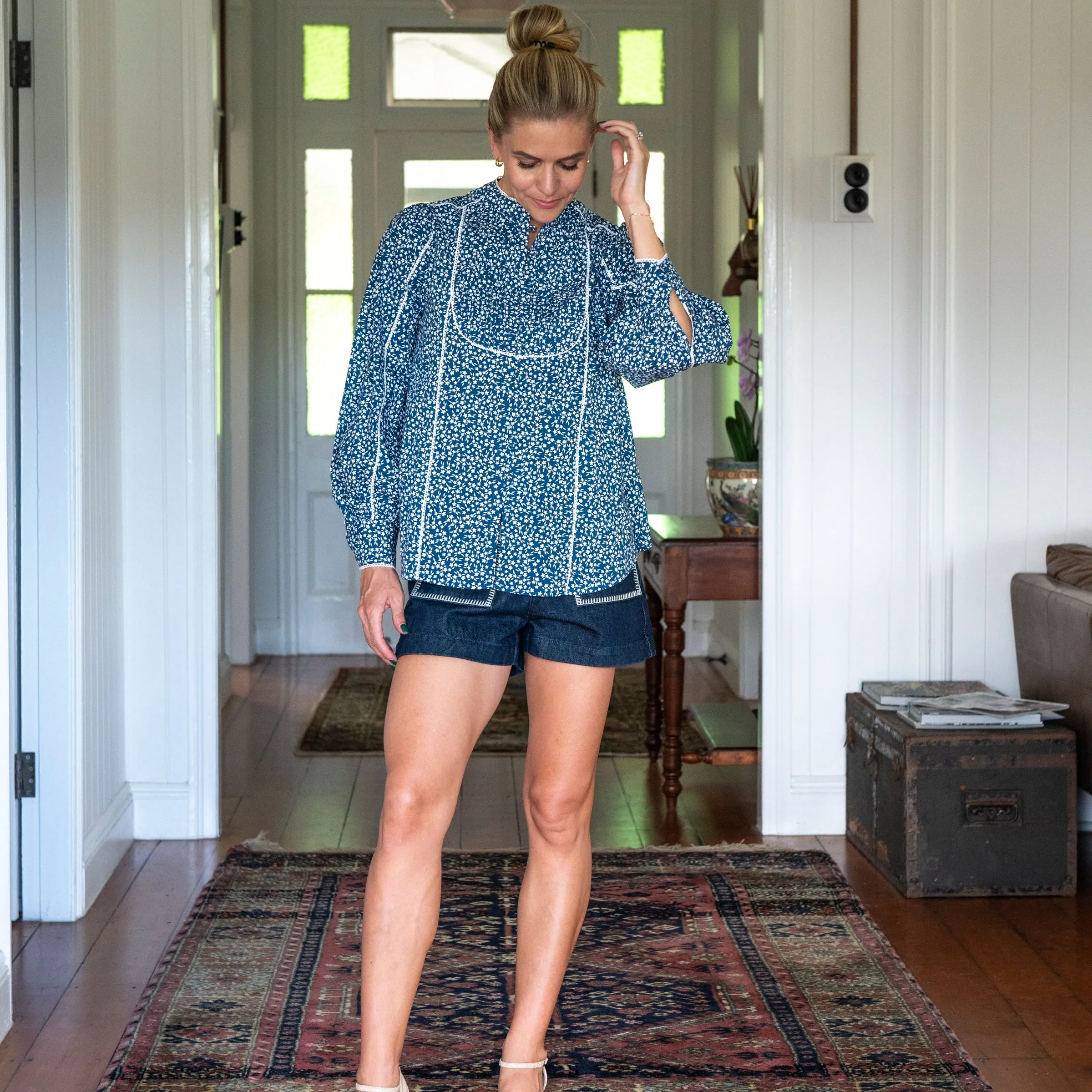Navy & White Ditsy Floral Cotton Blouse with White Trim