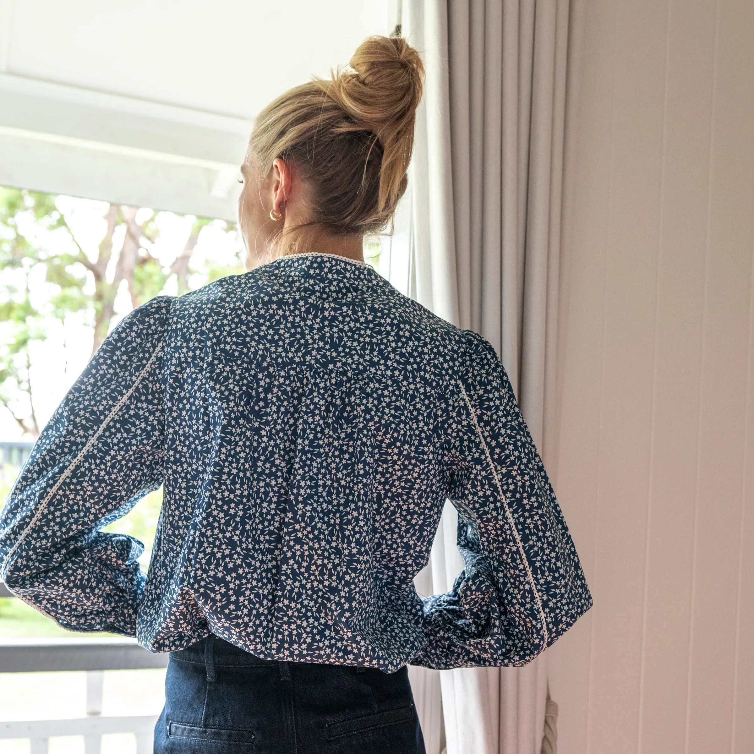 Navy & White Ditsy Floral Cotton Blouse with White Trim