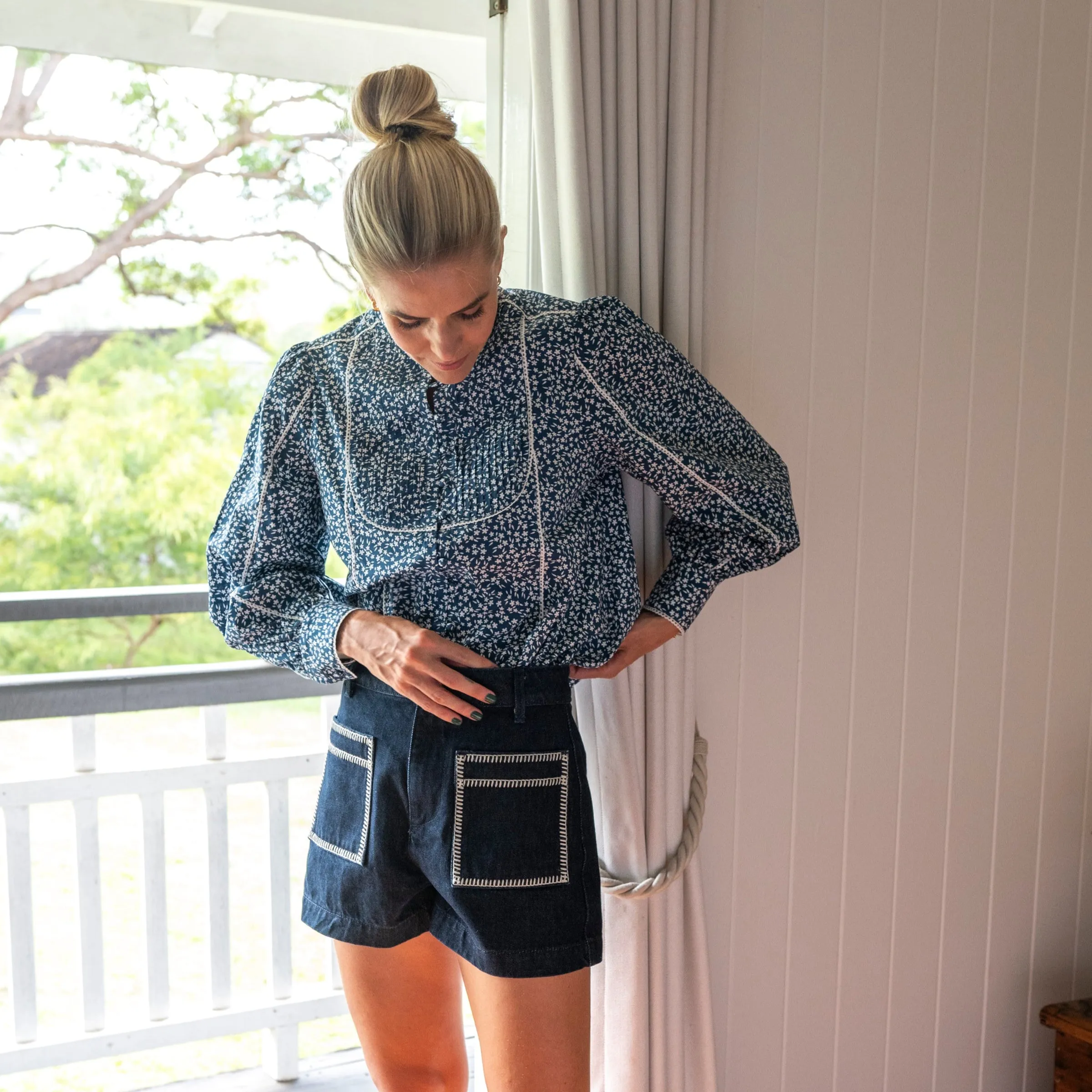 Navy & White Ditsy Floral Cotton Blouse with White Trim