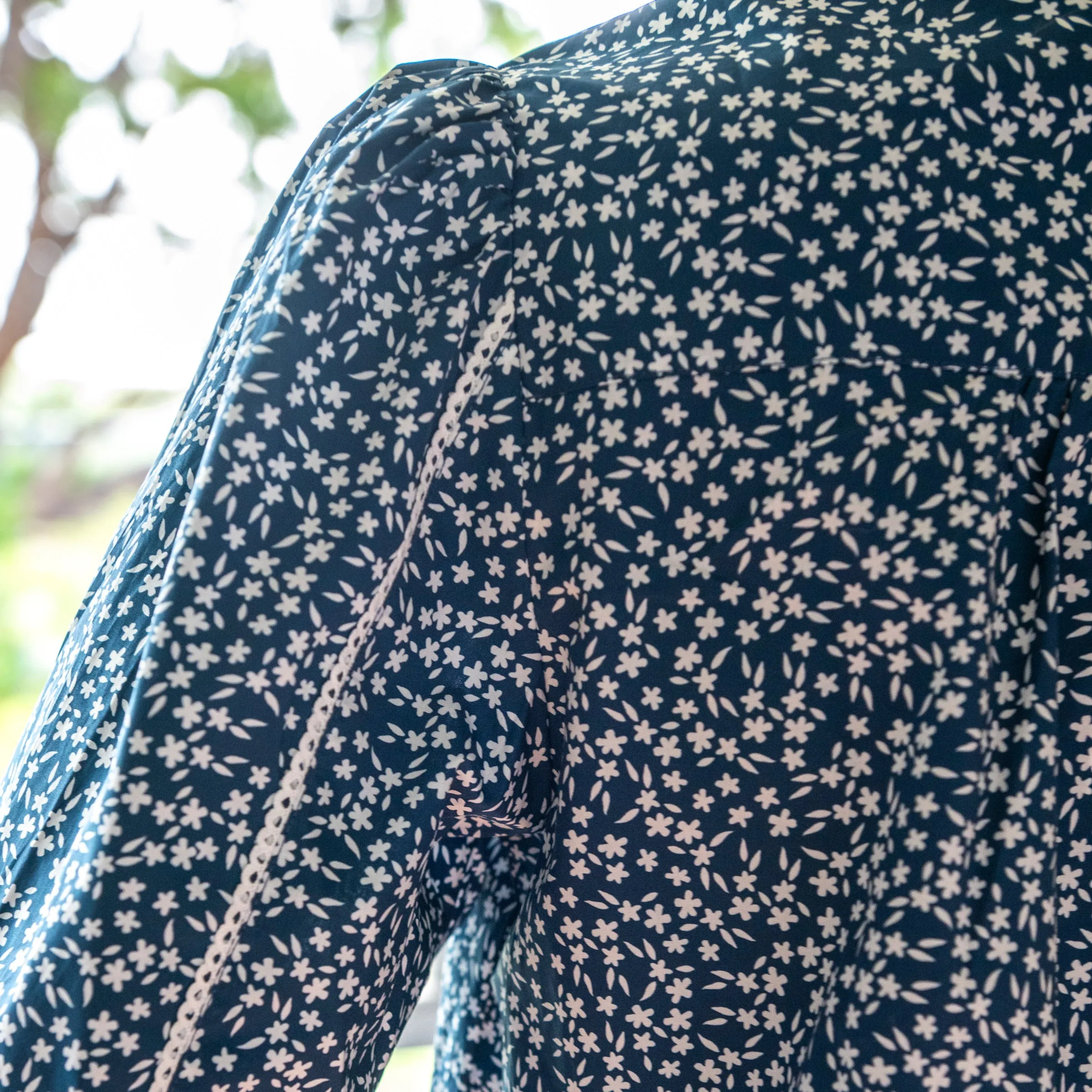 Navy & White Ditsy Floral Cotton Blouse with White Trim
