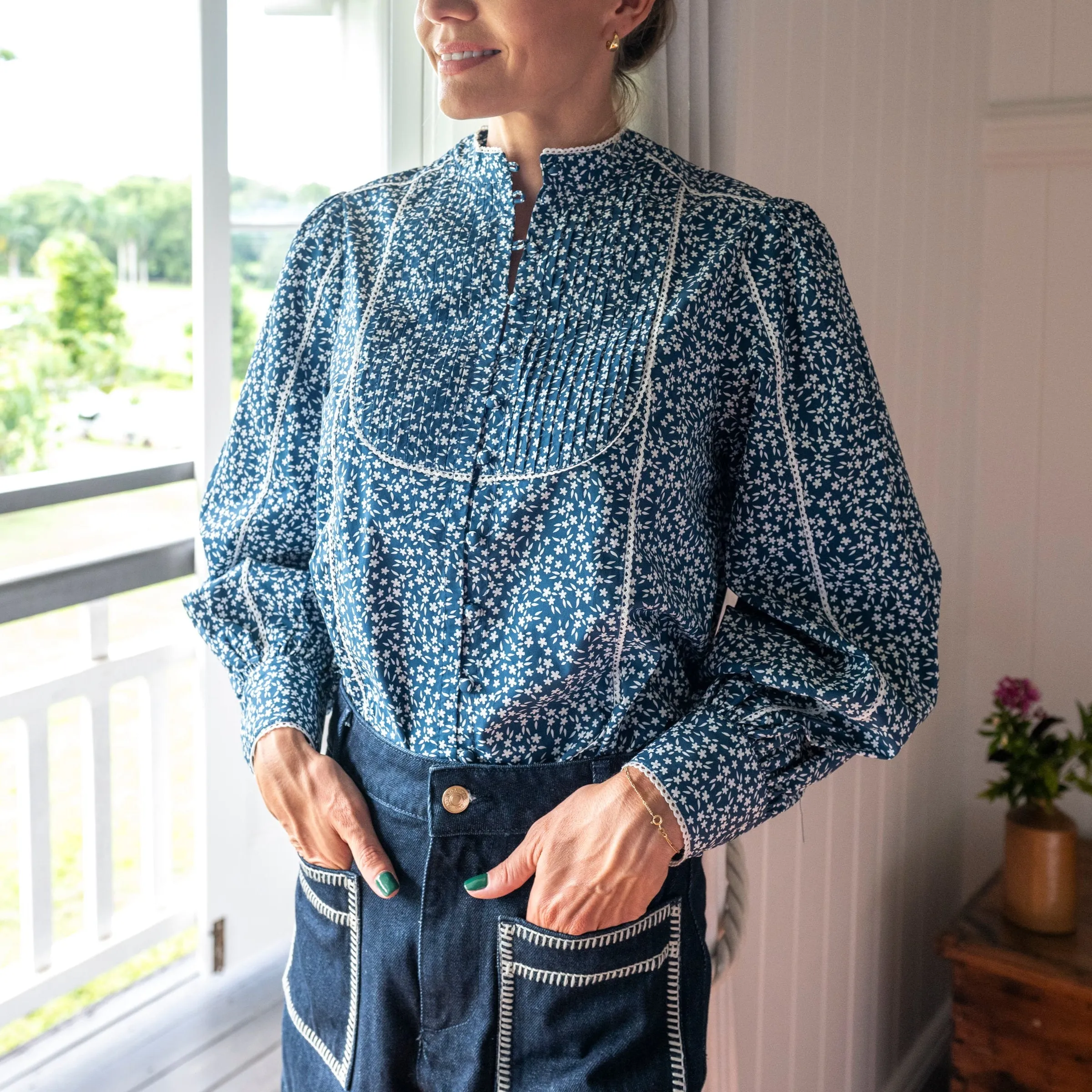 Navy & White Ditsy Floral Cotton Blouse with White Trim