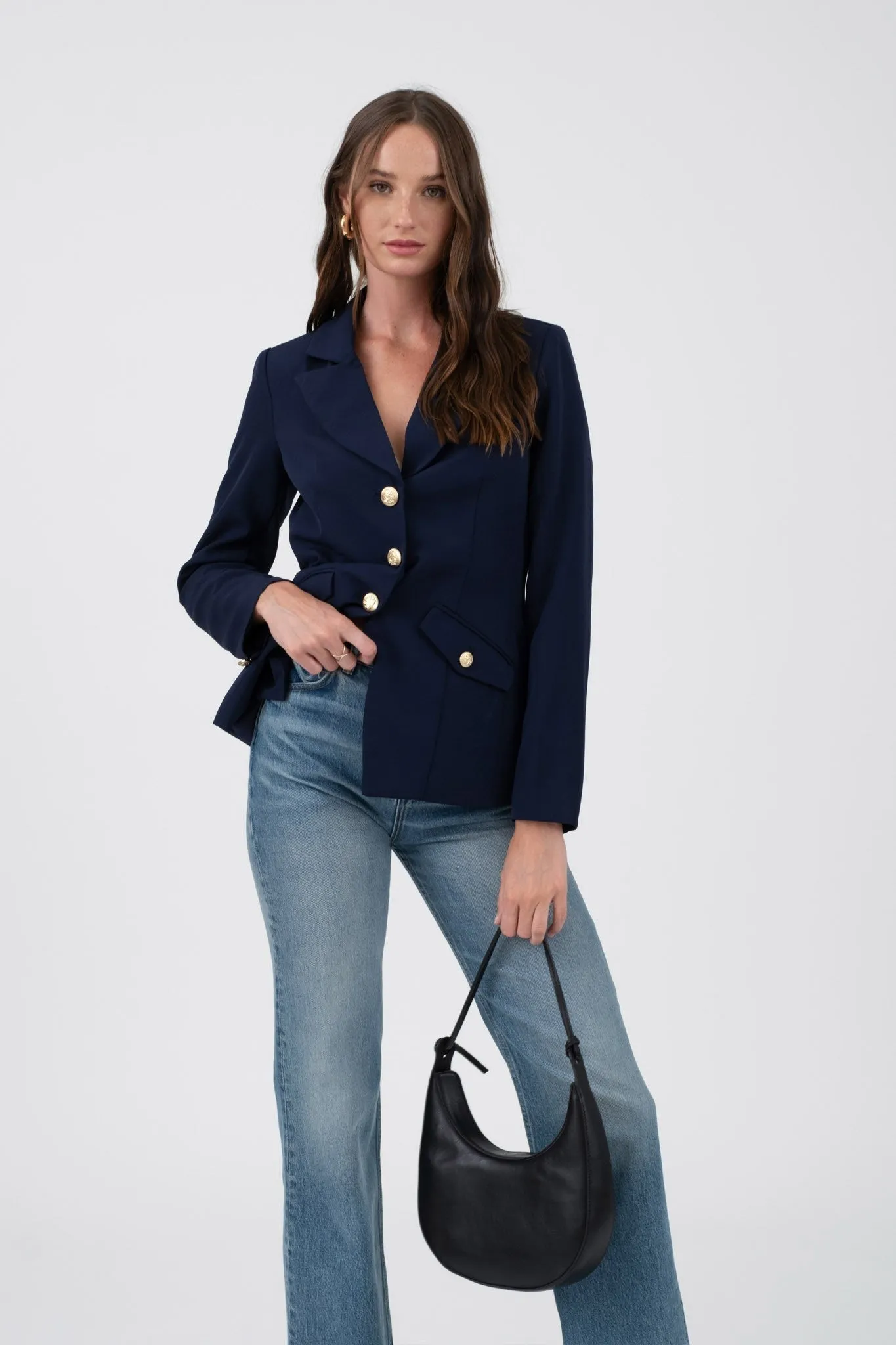 Navy Gold Hardware Button Cuff Blazer