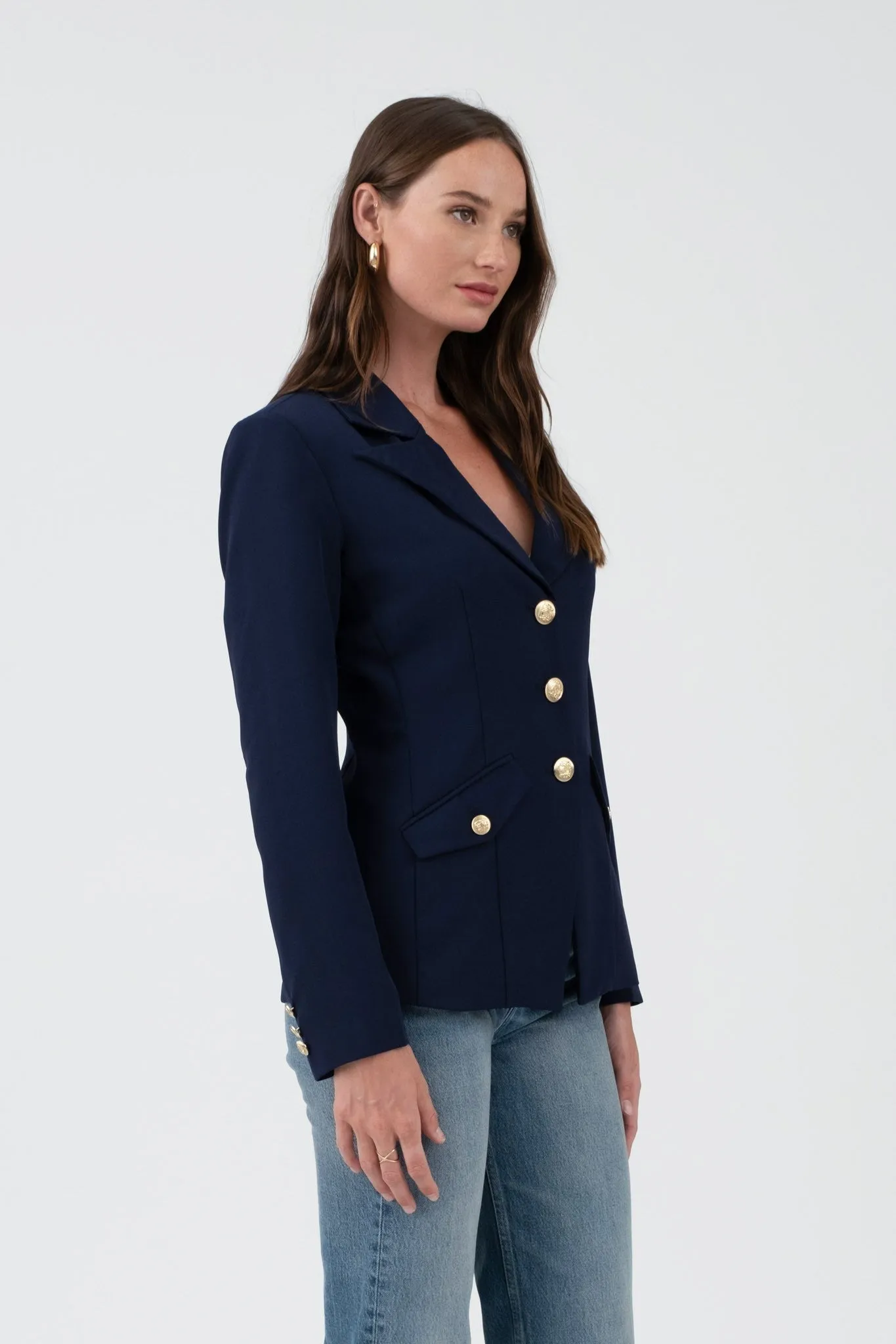 Navy Gold Hardware Button Cuff Blazer
