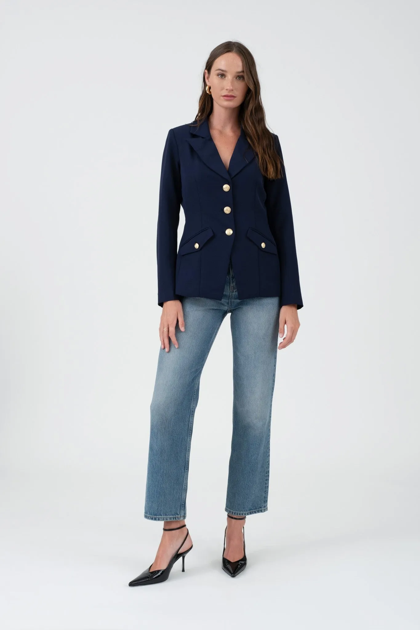 Navy Gold Hardware Button Cuff Blazer