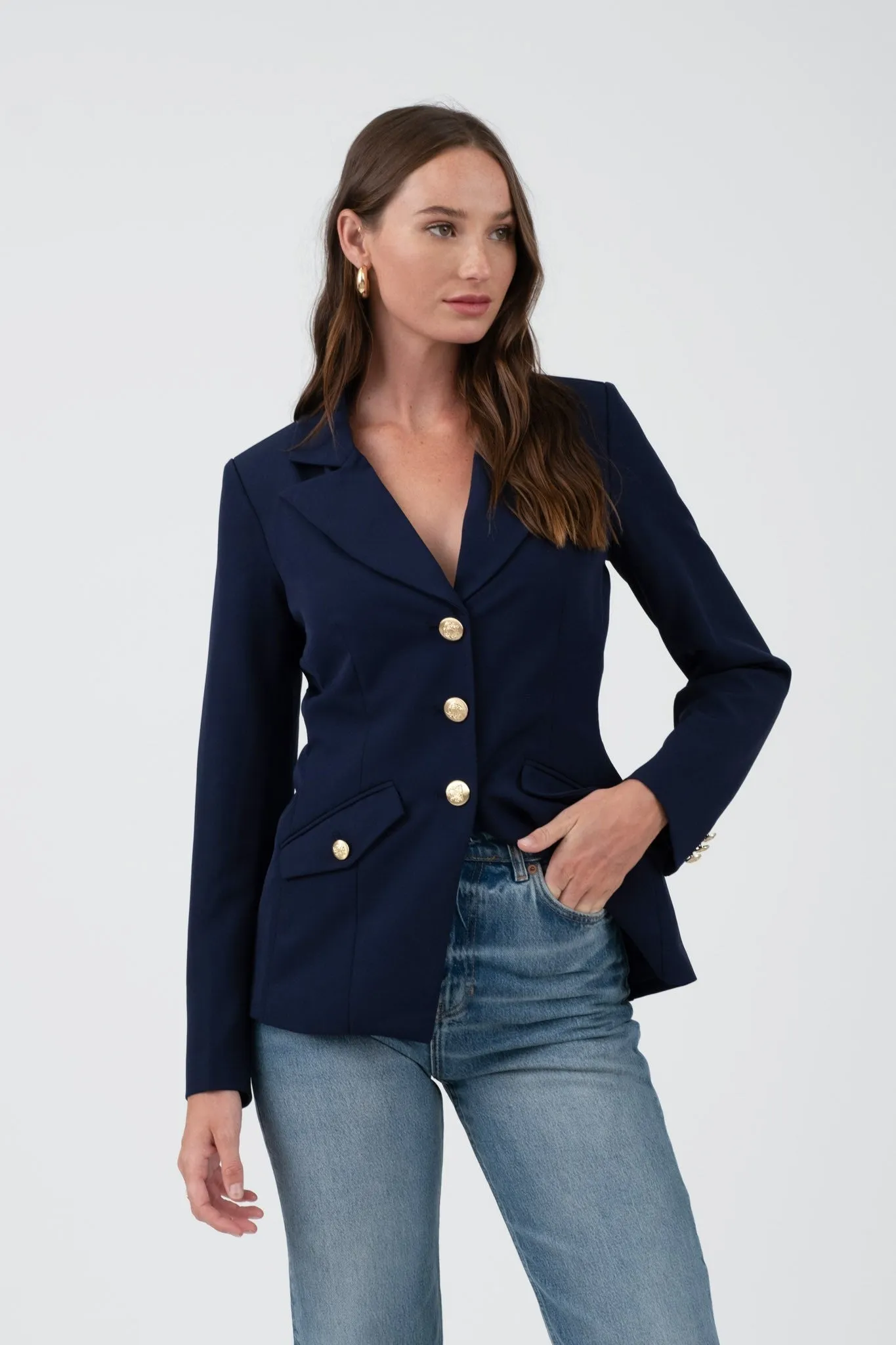 Navy Gold Hardware Button Cuff Blazer