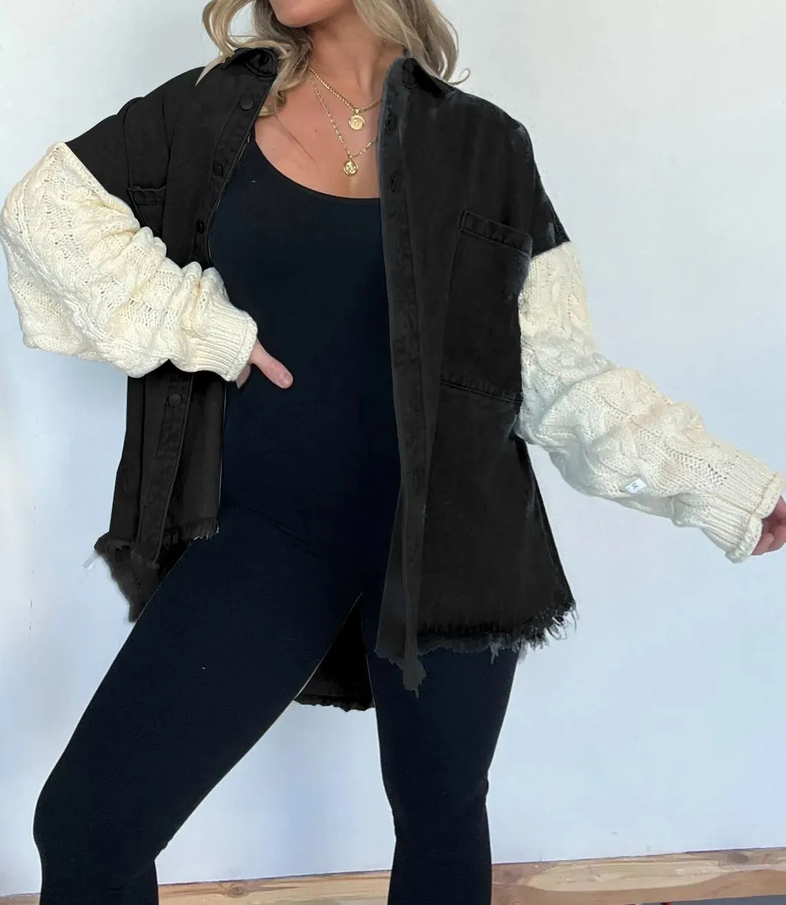 New Cozy Sweater Sleeve Denim Shacket