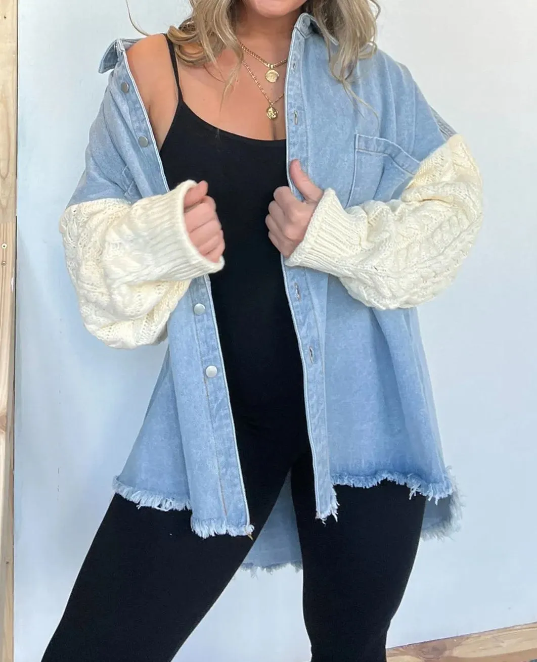 New Cozy Sweater Sleeve Denim Shacket