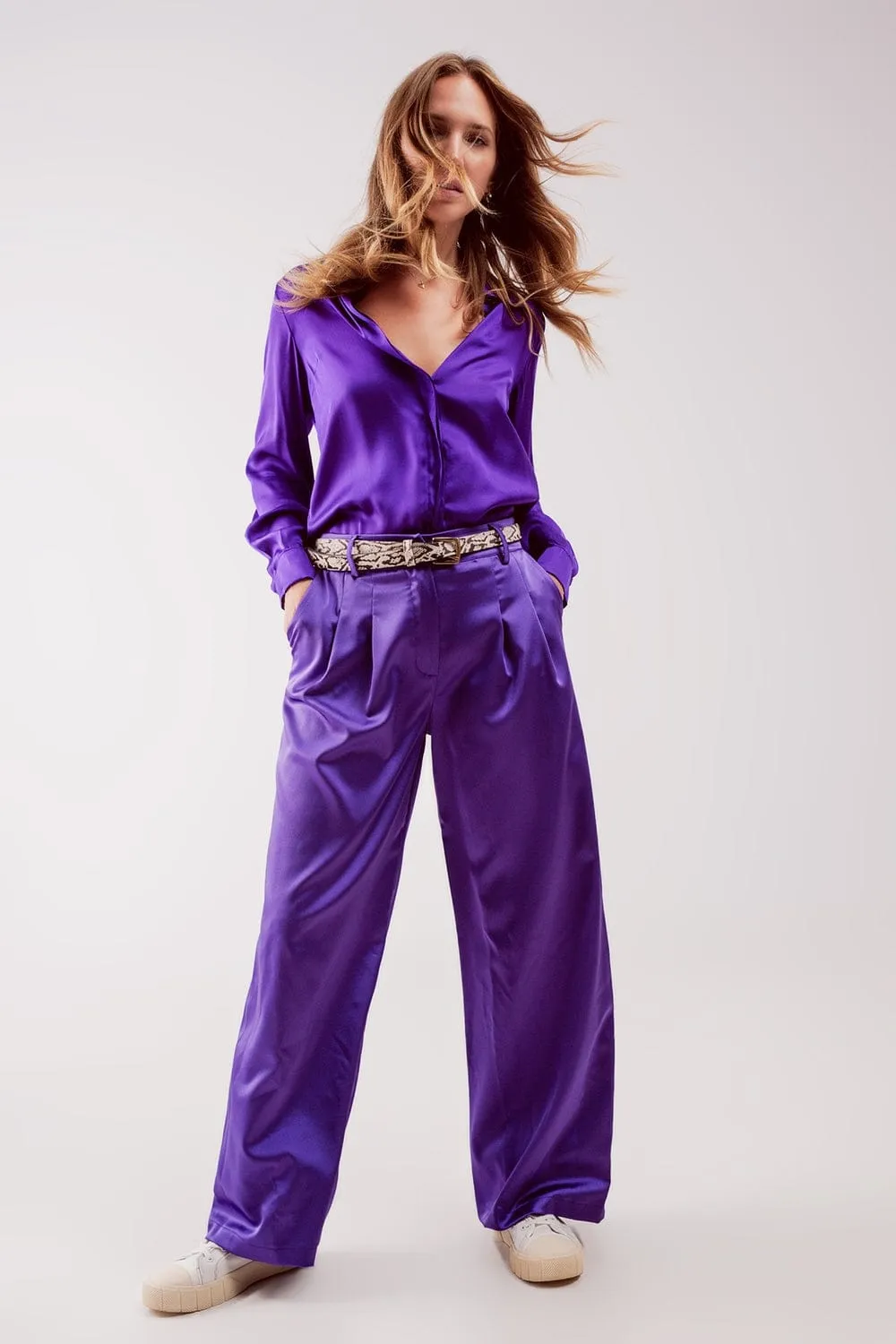 Palazzo Pleated Pants In Purple