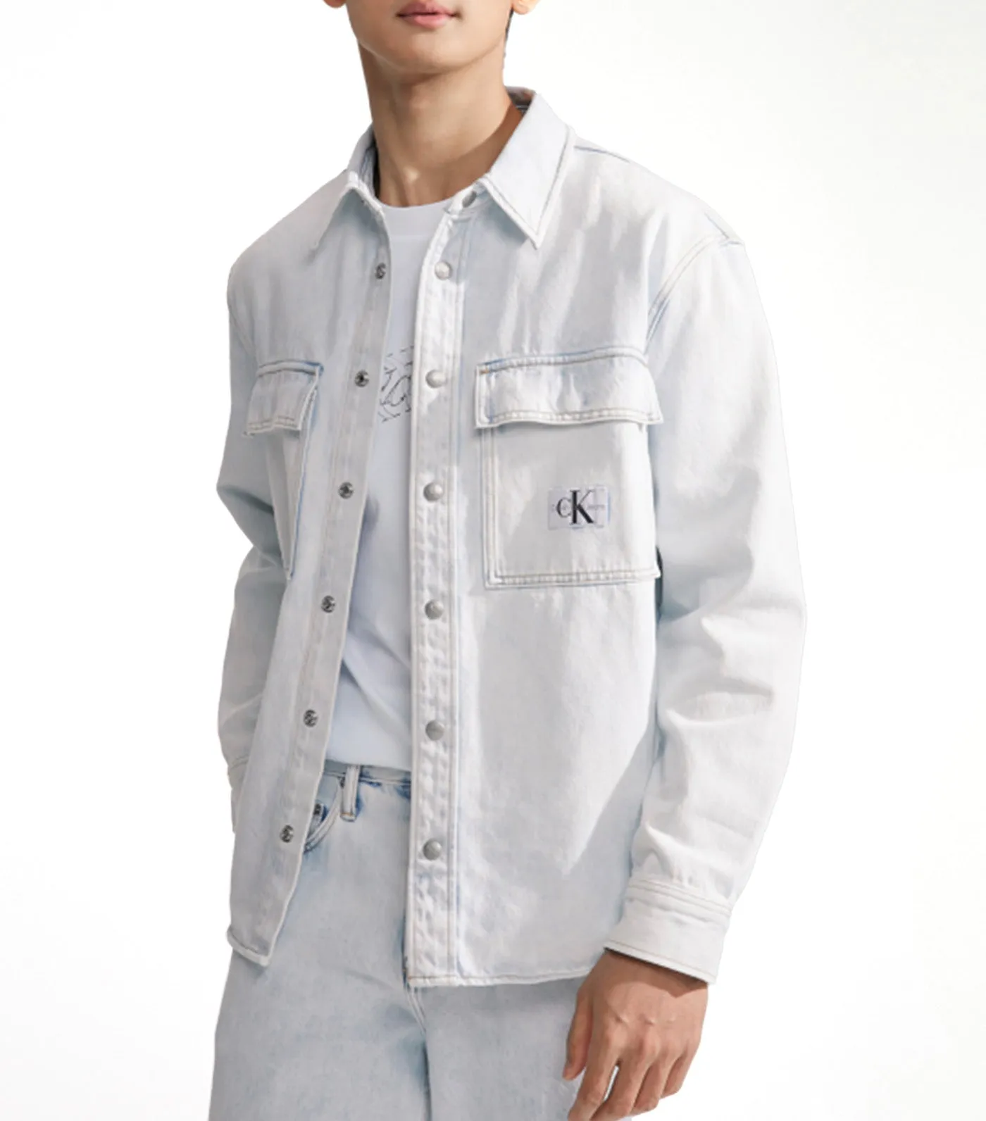 Relaxed Linear Denim Button-Down Shirt White