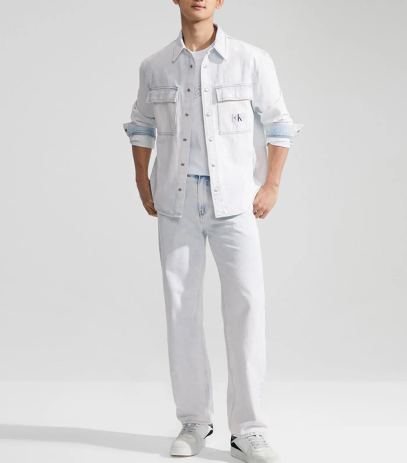 Relaxed Linear Denim Button-Down Shirt White