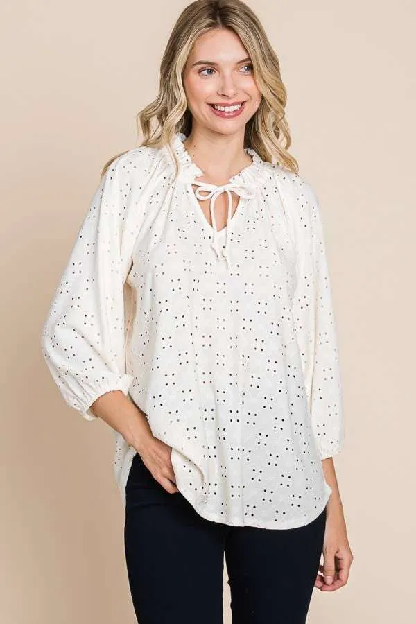 Shirred Raglan 3/4 Sleeve Top: ECRU CREAM