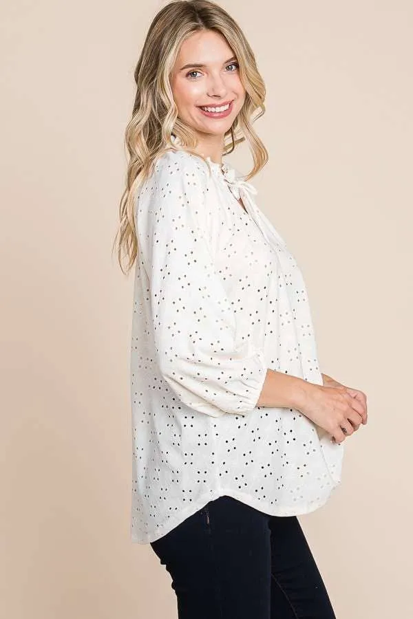 Shirred Raglan 3/4 Sleeve Top: ECRU CREAM