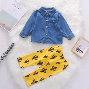 Toddler Unisex Lapel Long Sleeve Shirt & Cactus Pants Infant Wholesale Clothing