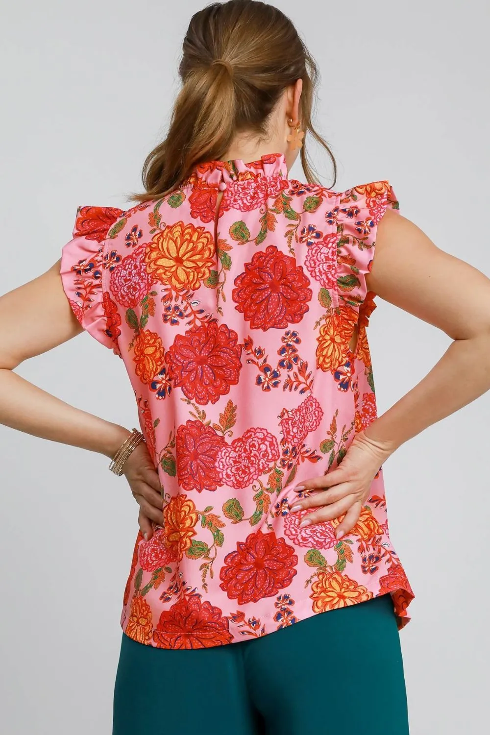 Umgee Floral Print Ruffled Cap Sleeve Blouse In Pink MIx
