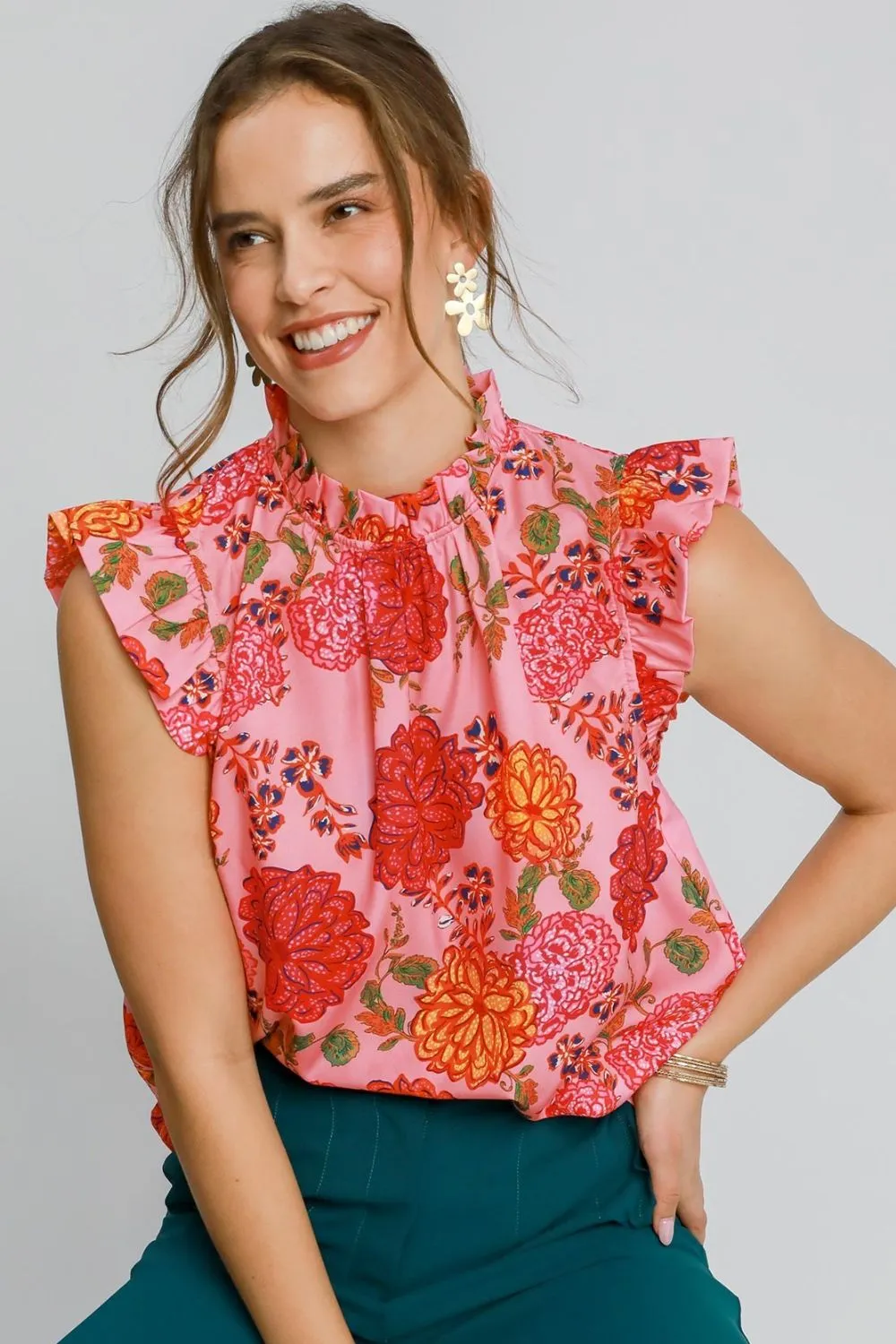 Umgee Floral Print Ruffled Cap Sleeve Blouse In Pink MIx