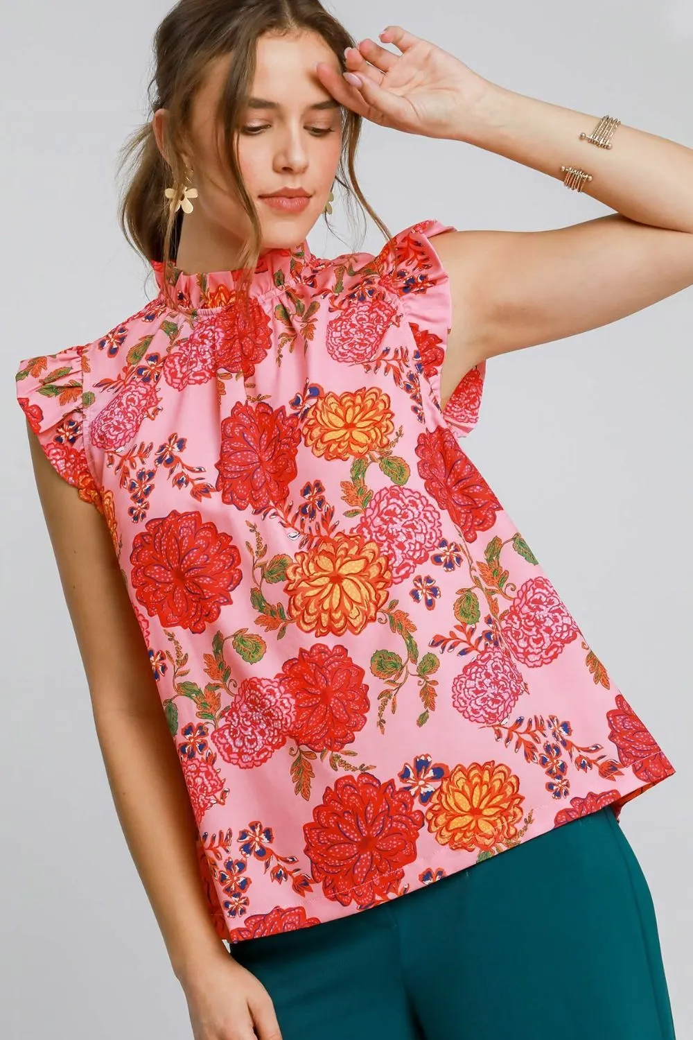 Umgee Floral Print Ruffled Cap Sleeve Blouse In Pink MIx