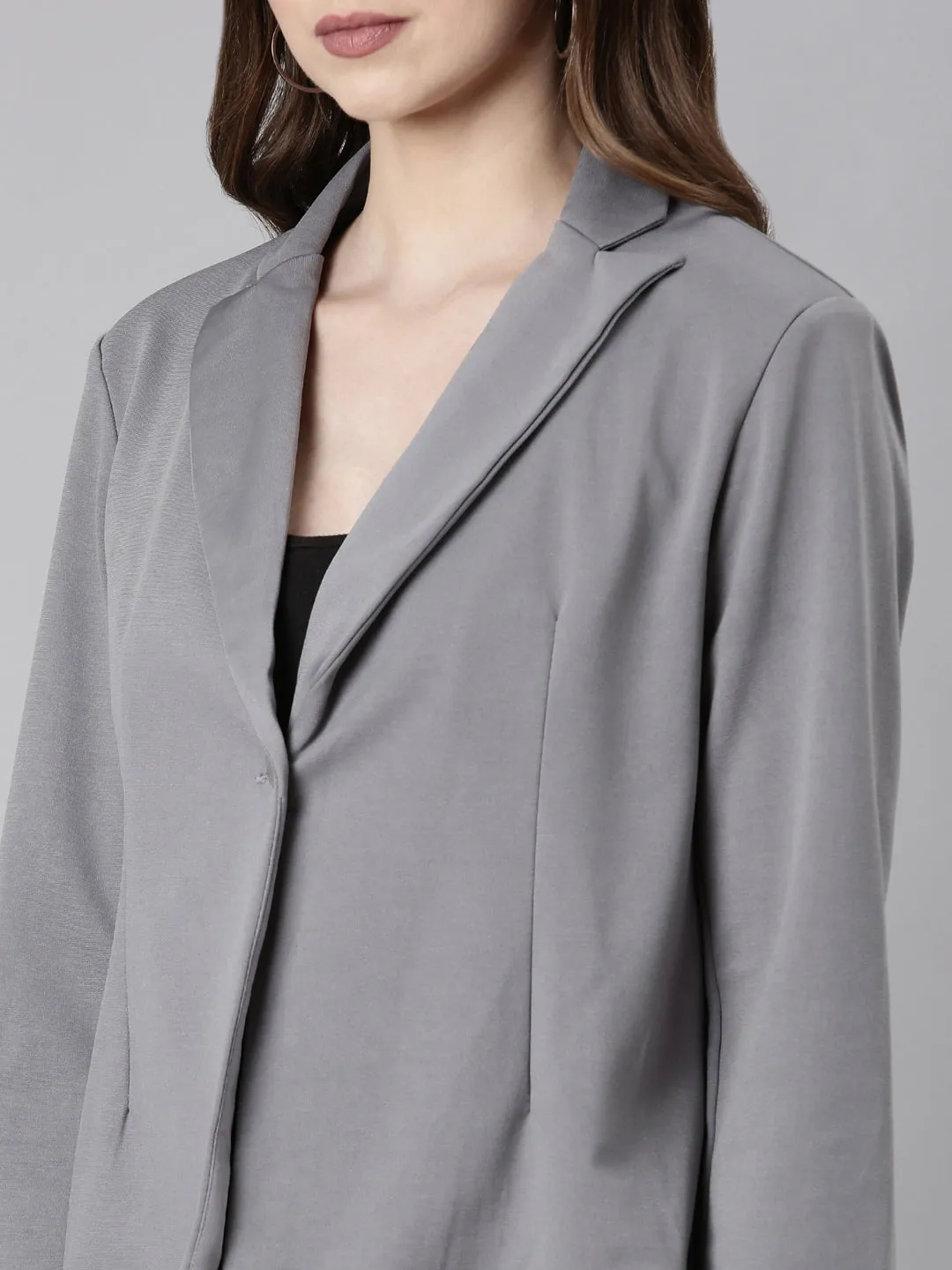 Women Grey Single-Breasted Casual Blazer