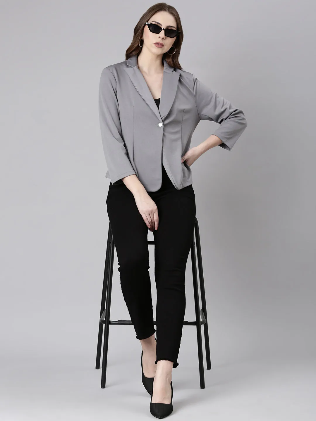 Women Grey Single-Breasted Casual Blazer