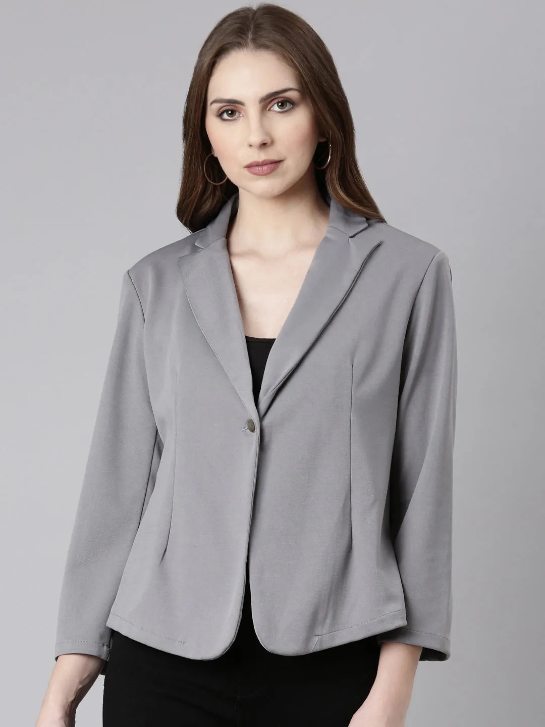Women Grey Single-Breasted Casual Blazer