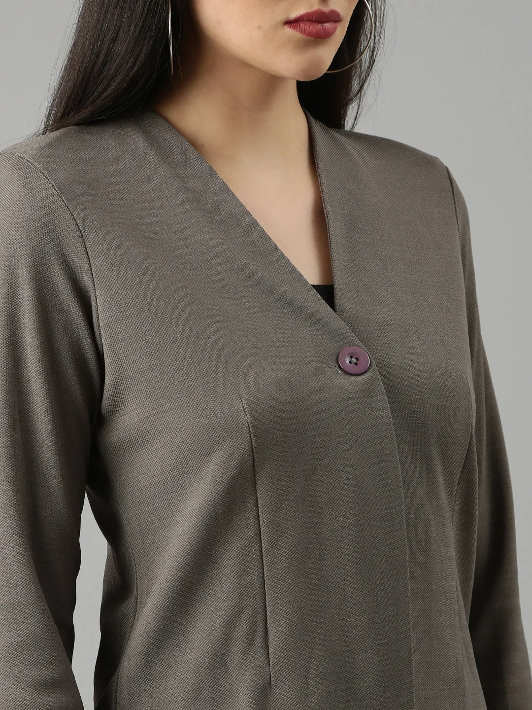 Women Grey Slim Fit V-Neck Single-Breasted Casual Blazer