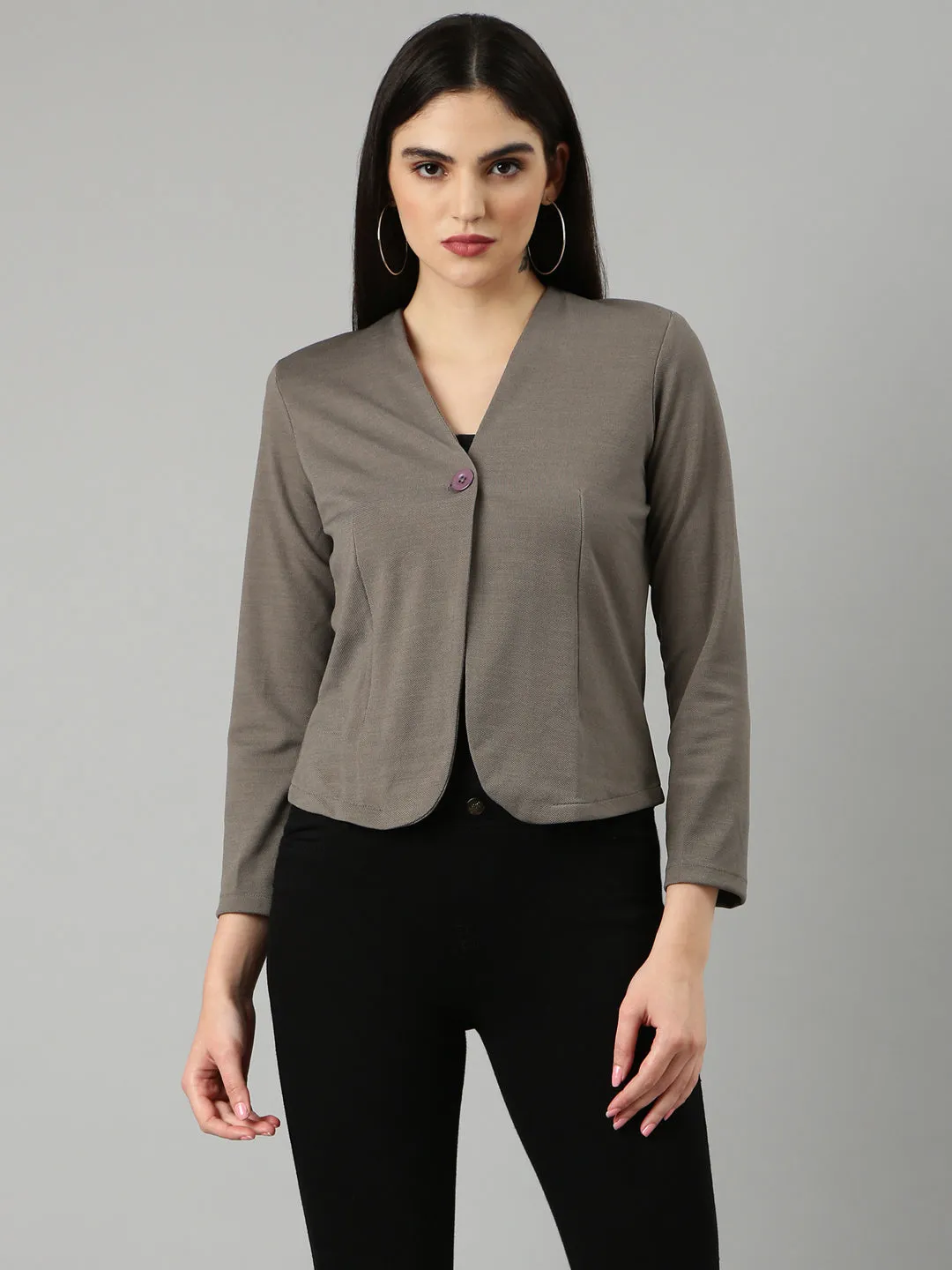 Women Grey Slim Fit V-Neck Single-Breasted Casual Blazer