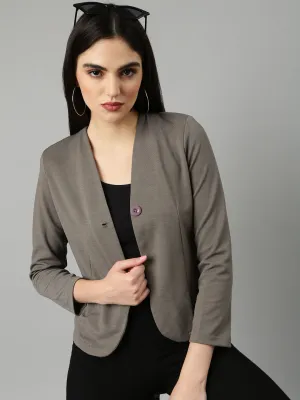 Women Grey Slim Fit V-Neck Single-Breasted Casual Blazer