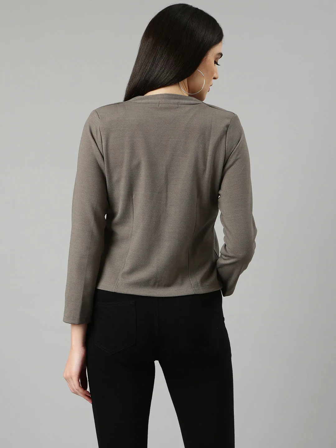 Women Grey Slim Fit V-Neck Single-Breasted Casual Blazer