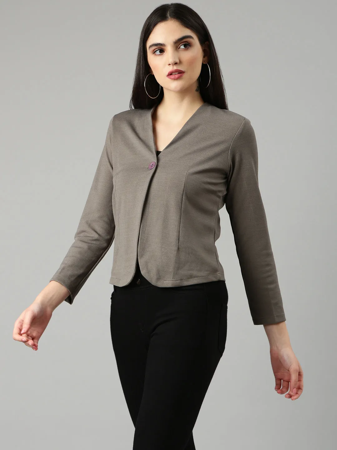 Women Grey Slim Fit V-Neck Single-Breasted Casual Blazer