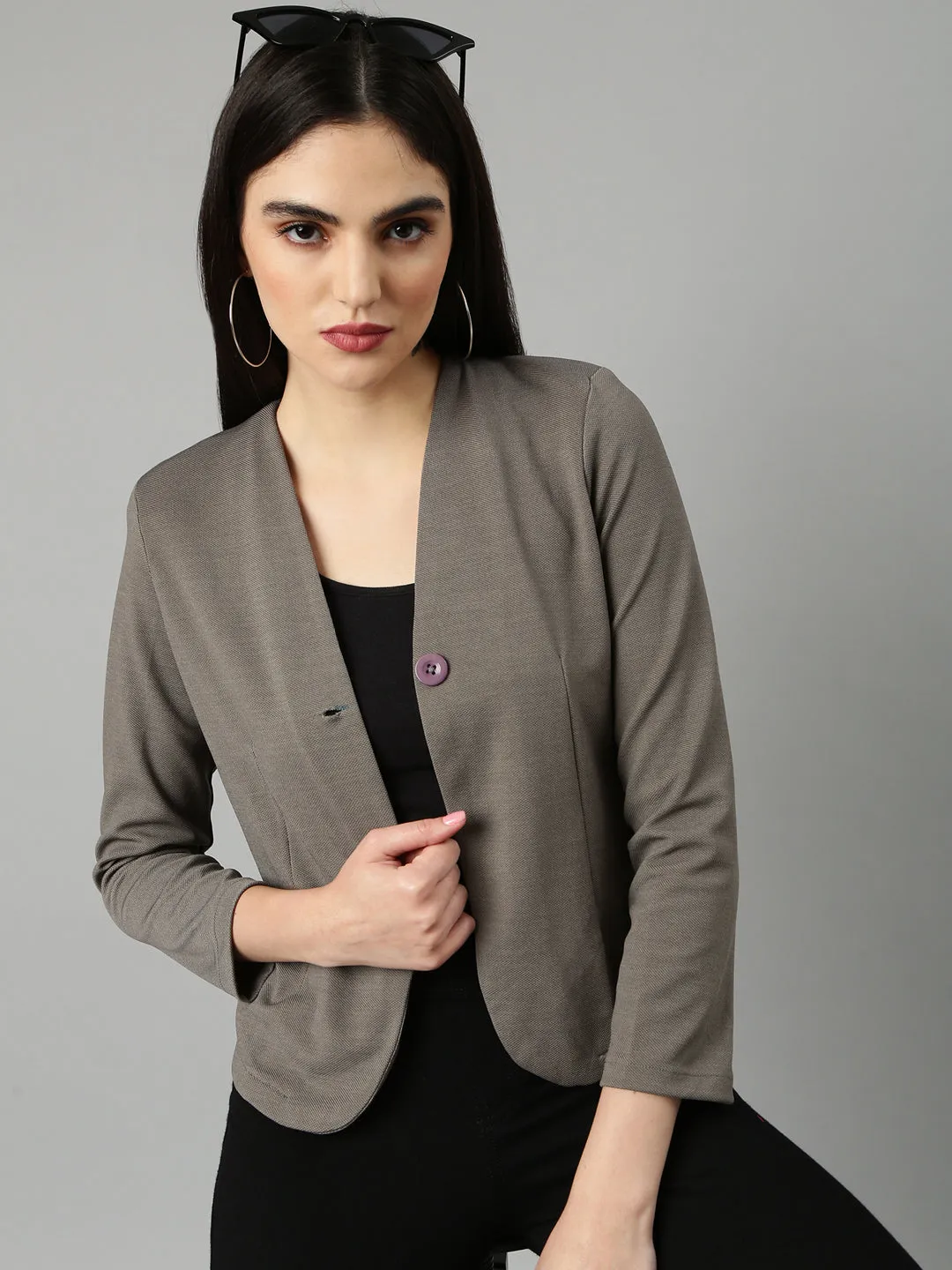 Women Grey Slim Fit V-Neck Single-Breasted Casual Blazer