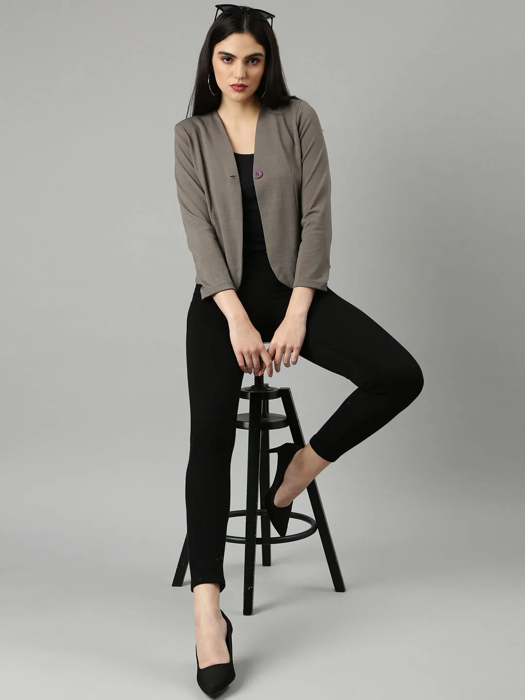 Women Grey Slim Fit V-Neck Single-Breasted Casual Blazer