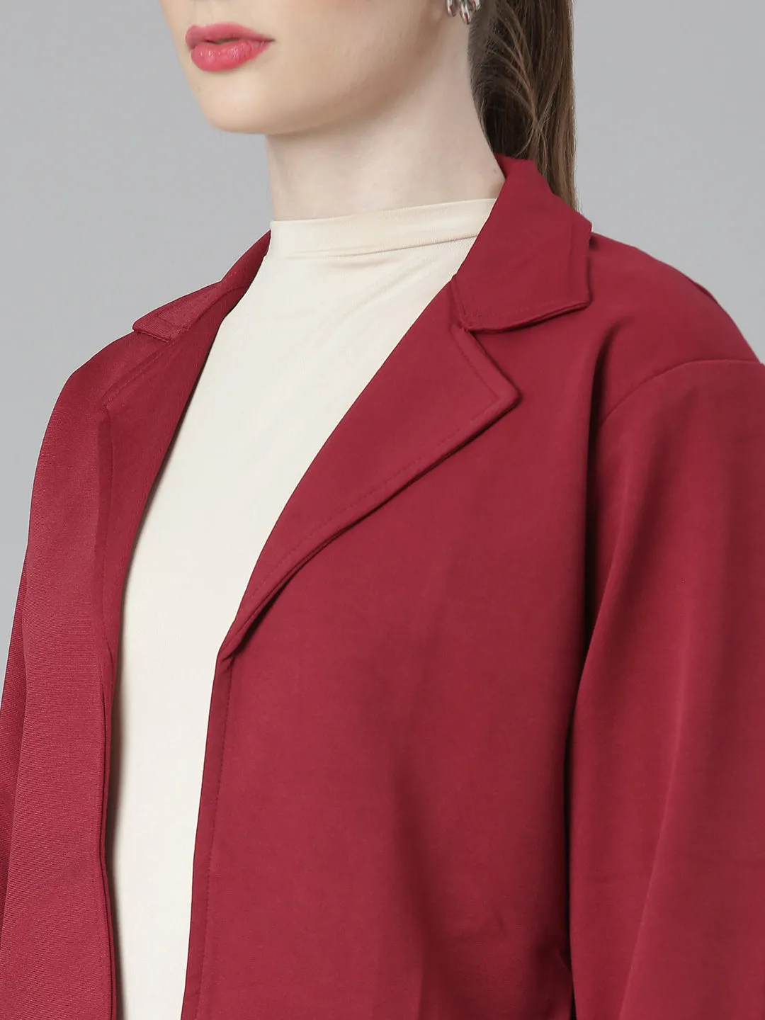 Women Maroon Notched Lapel Collar Cotton Open Front Blazer