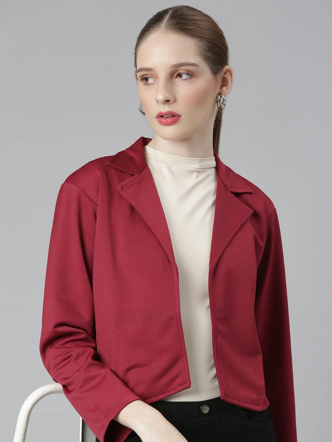 Women Maroon Notched Lapel Collar Cotton Open Front Blazer