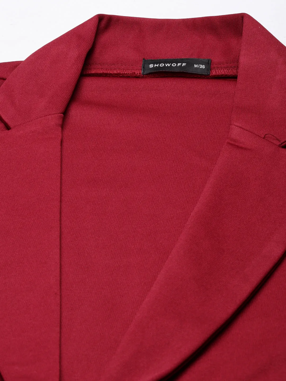 Women Maroon Notched Lapel Collar Cotton Open Front Blazer
