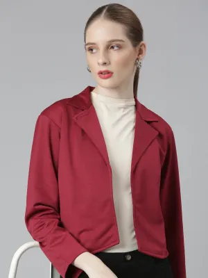 Women Maroon Notched Lapel Collar Cotton Open Front Blazer