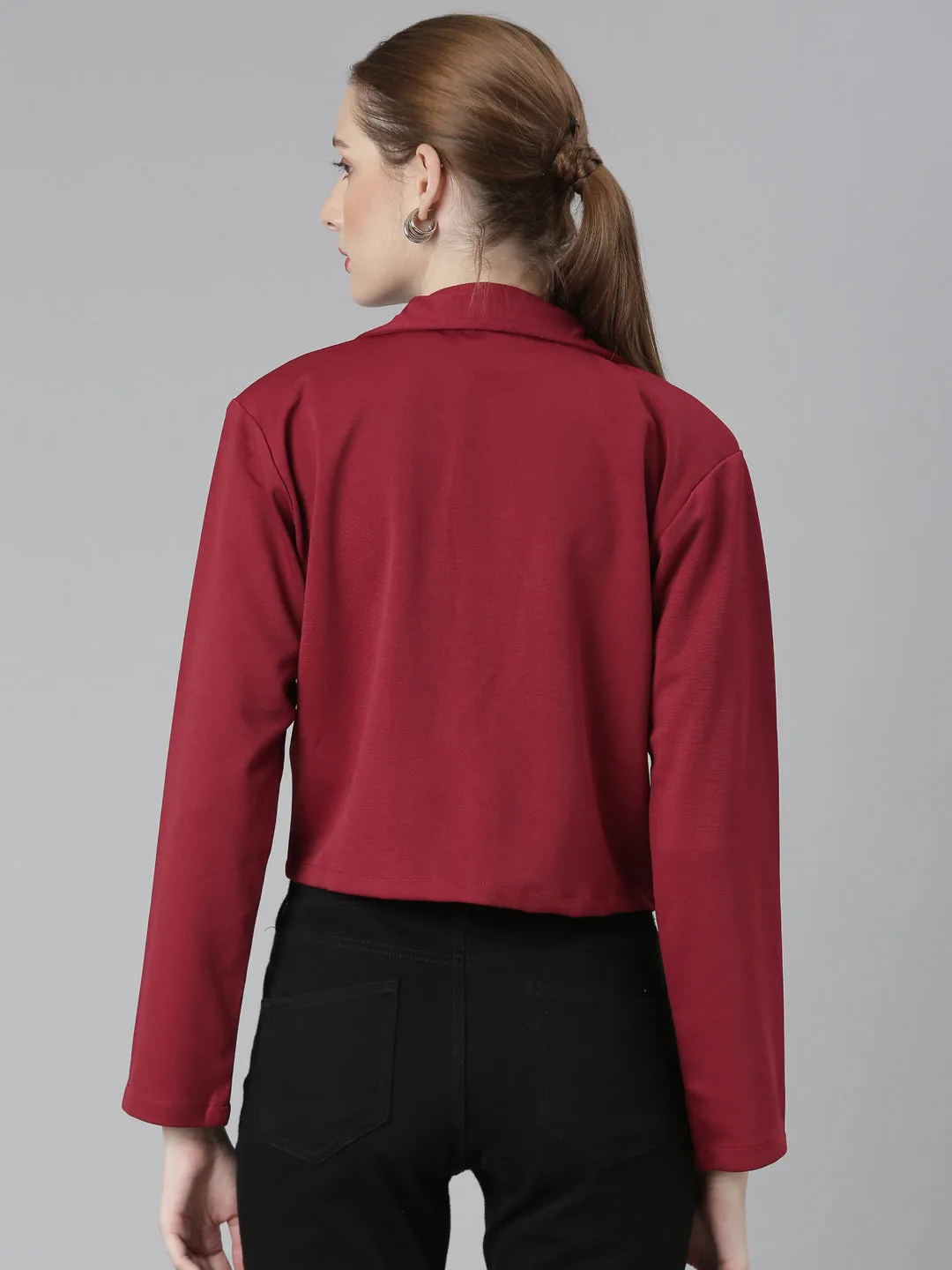 Women Maroon Notched Lapel Collar Cotton Open Front Blazer