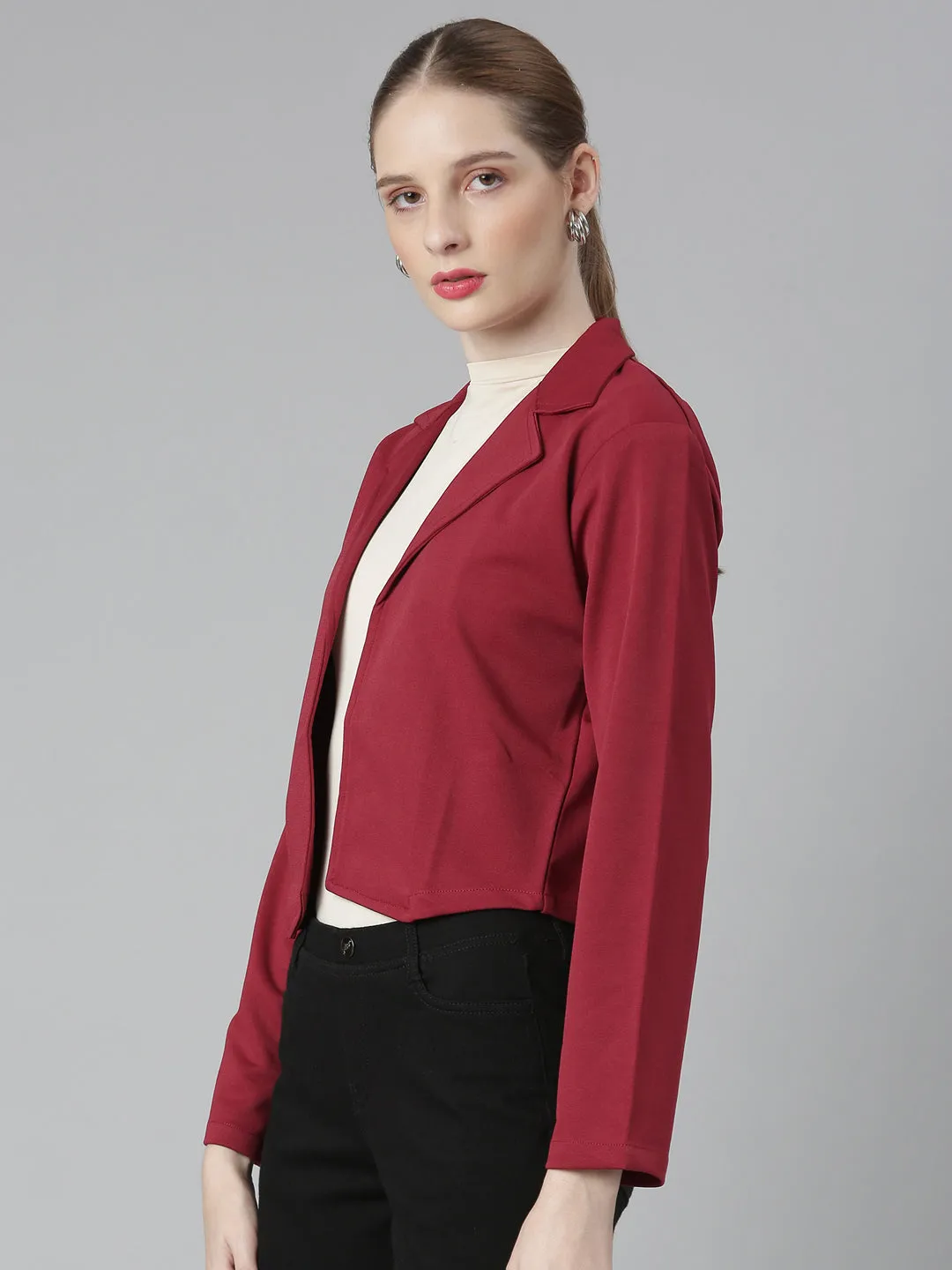 Women Maroon Notched Lapel Collar Cotton Open Front Blazer