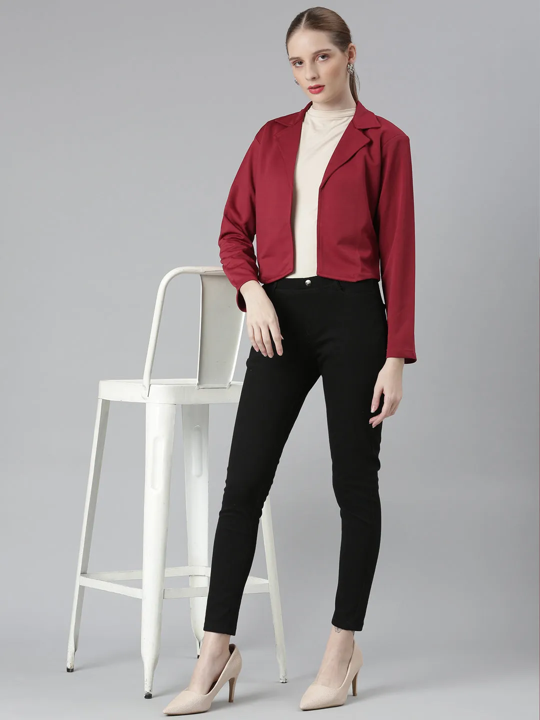 Women Maroon Notched Lapel Collar Cotton Open Front Blazer