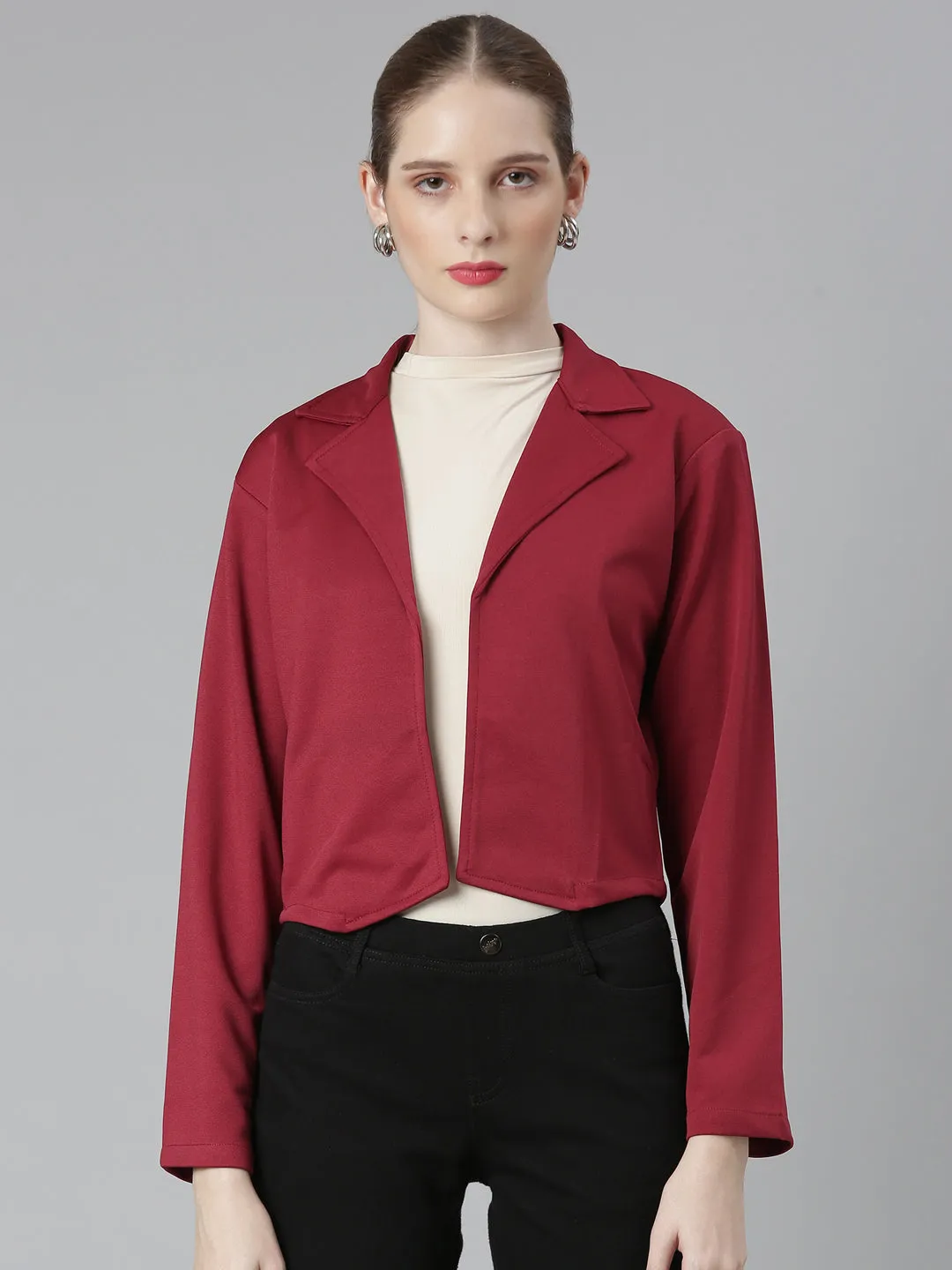 Women Maroon Notched Lapel Collar Cotton Open Front Blazer